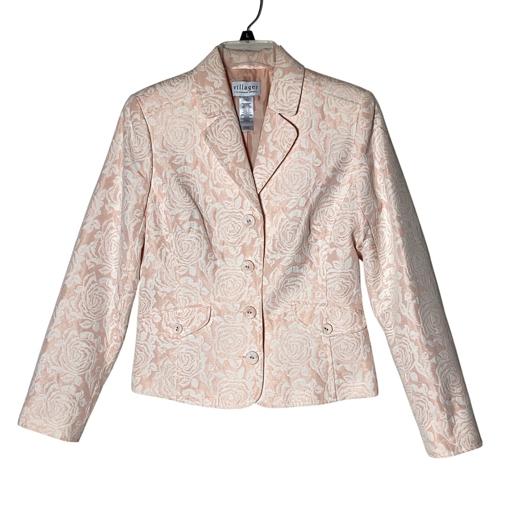 Villager Floral Brocade Vintage Women Blazer Size Six Pink White Rose Jacquard